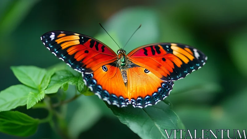 Macro study of orange butterfly on foliage with bokeh field.