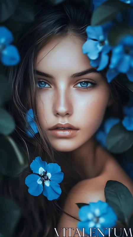 Blue eyed woman framed by vivid blossoms and leaves.