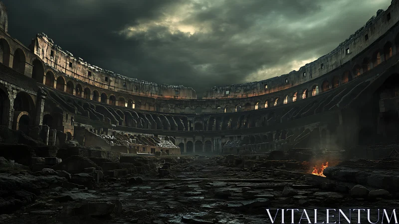 Desolate Roman colosseum interior under storm-laden skies