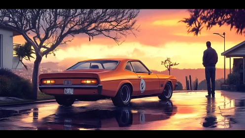 Sunset street scene with orange classic muscle car reflection