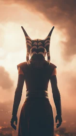 Alien warrior silhouette confronts blazing storm horizon.