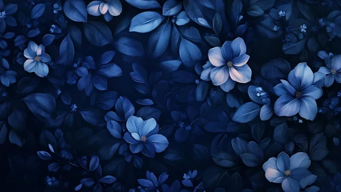 Midnight Blue Floral Composition. Luminous Blooms Against Deep Darkness.