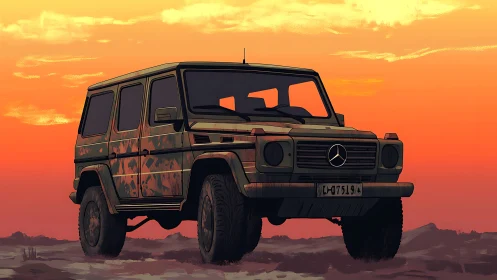 Camo-liveried off-road Mercedes G-class at desert sunset.