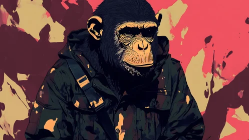 Paramilitary chimp portrait in stylized chromatic field.