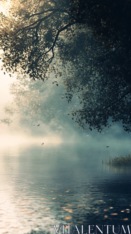 Mist-covered forest lake with overhanging foliage at dawn.