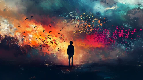 Silhouette figure amid abstract sky with birds and color fields.