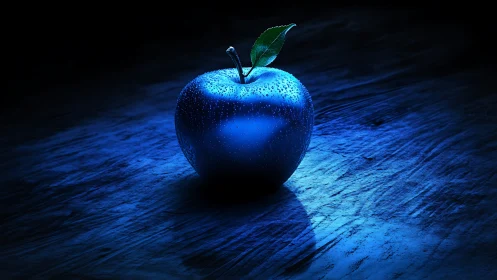 Iridescent blue apple in dramatic low key cinematic lighting.