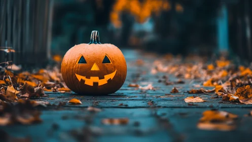 Glowing jack-o-lantern on wet autumn path at dusk.