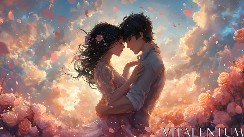 Ethereal Romance: Embracing Couple Surrounded by Luminous Florals and Clouds.