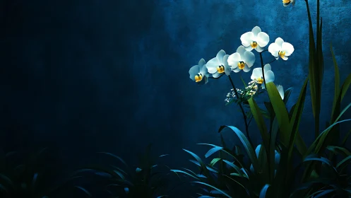 White orchids glow against textured blue wall in dramatic lighting