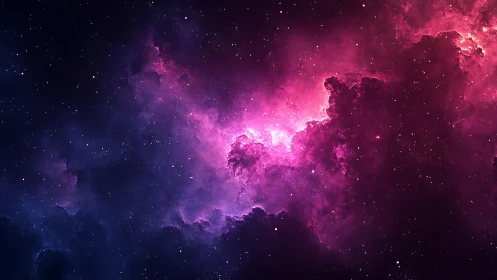 Deep space nebula with pink and violet ionized gas clouds.