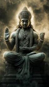 Radiant stone deity in swirling aureate meditative haze.