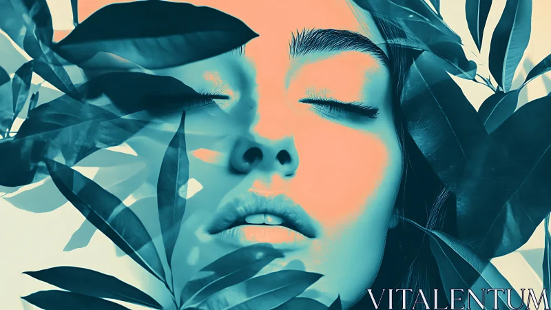Serene female portrait merges with bold teal jungle leaves