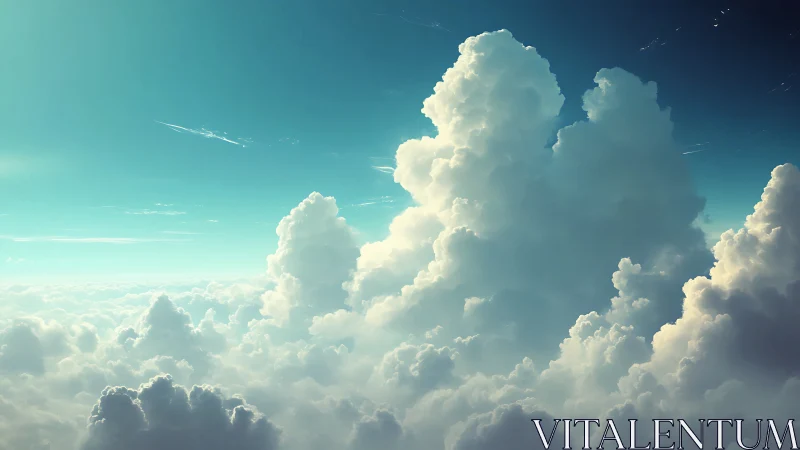 Vertical cumulus cloud formations in clear blue sky.