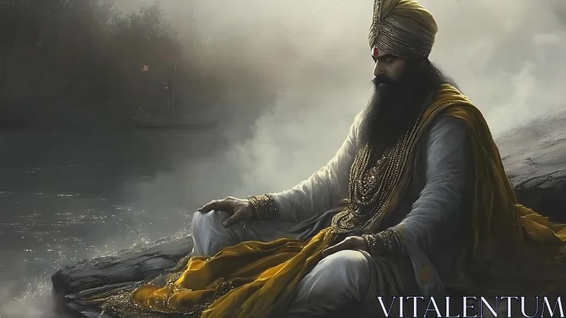 Seated figure in turban by misted riverside rock formation.
