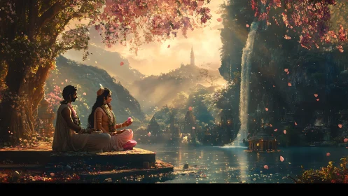 Divine lovers sit beside waterfall in luminous valley garden