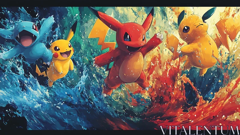 Dynamic elemental creatures in splashing water and fire vortex