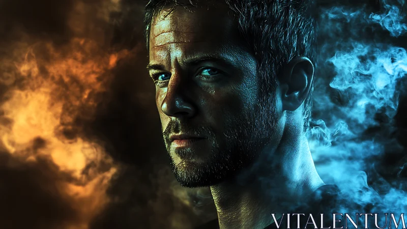 Moody male portrait with dramatic orange and blue smoke.