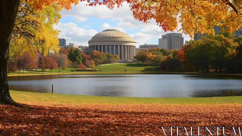 Golden campus afternoon around a calm reflective pond.
