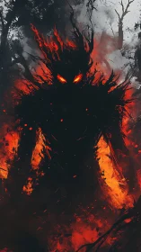Infernal shadow wreathed in flame within burning forest.