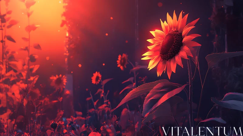 Backlit sunflower bloom under dramatic red-orange rim light