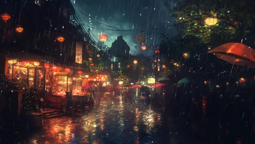 Rain-soaked lantern street glows through night storm