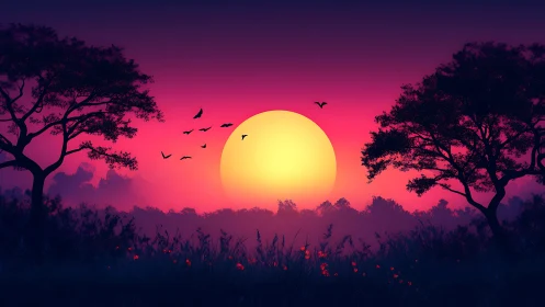 Silhouetted trees and birds against vivid sunset horizon.