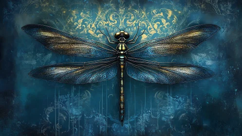 Ornate cyan dragonfly digital painting with baroque filigree backdrop.