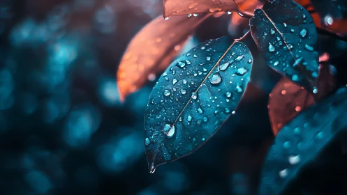 Close-up of rain-covered leaves with blue and orange light.
