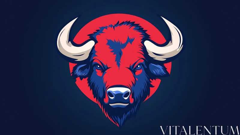 Red and blue bison head logo dominates dark circular field