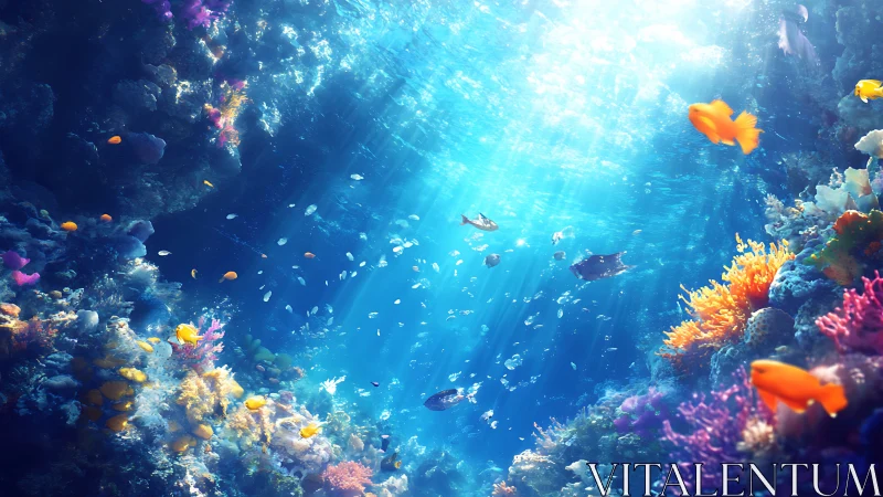 Sunlit coral reef glows beneath clear tropical ocean surface
