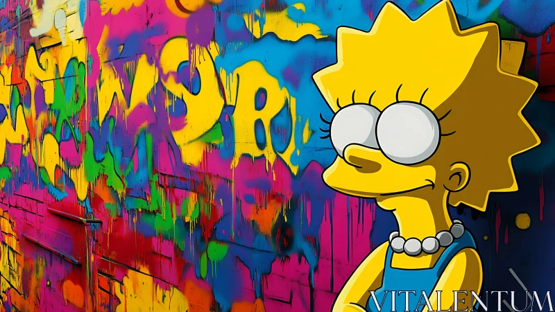 Colorful cartoon girl smiles against bold neon graffiti wall