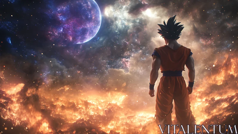 Lone warrior surveys burning cosmic horizon beneath planet