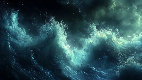 Digital seascape showing turbulent teal ocean waves at night.