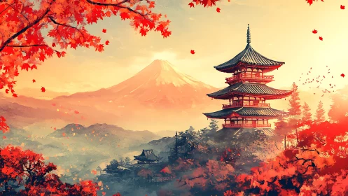 Digital painting of autumn pagoda with distant mountain vista.