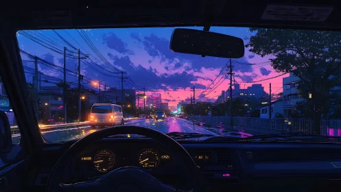 Interior car view frames wet urban street at dusk