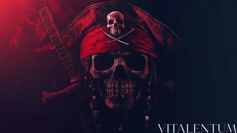 Scarlet pirate skull grins through ember-tinted darkness
