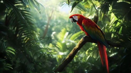 Digital painting of scarlet macaw in luminous jungle canopy.