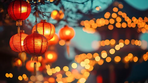 Lanterns whisper warmth as a distant pagoda melts to bokeh