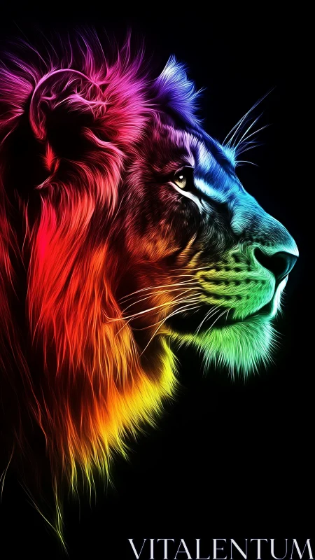 Neon lion profile glows with electric rainbow mane