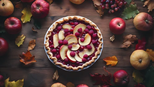 Top-down study of glazed raspberry apple pie in autumn still life