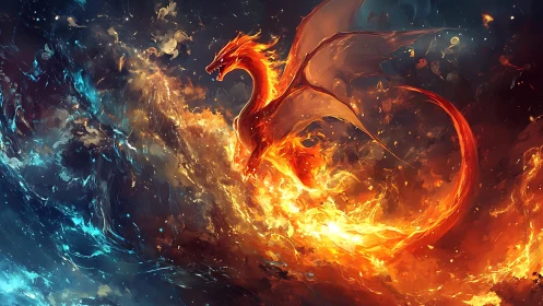 Elemental fire dragon emerging through swirling blue void