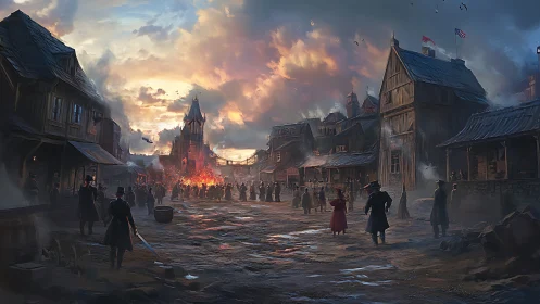 Colonial town street under burning stake pyre at dusk storm sky