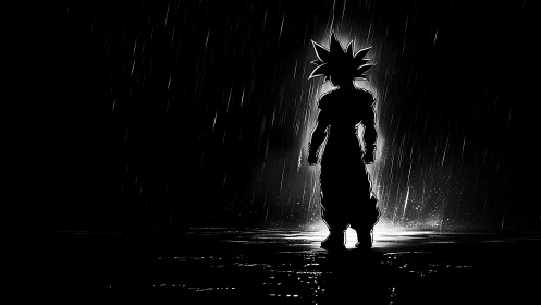 Backlit spiky-haired warrior silhouette in nocturnal rainfield.
