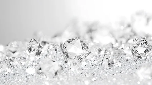 Cluster of transparent cut diamonds on reflective surface.