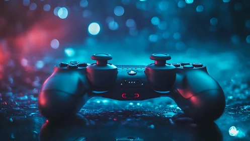 Midnight game controller glowing in neon blue and red light.