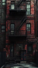 Old brick apartment rear facade with metal fire escapes.