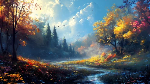 Vivid autumn forest stream under bright morning sky.