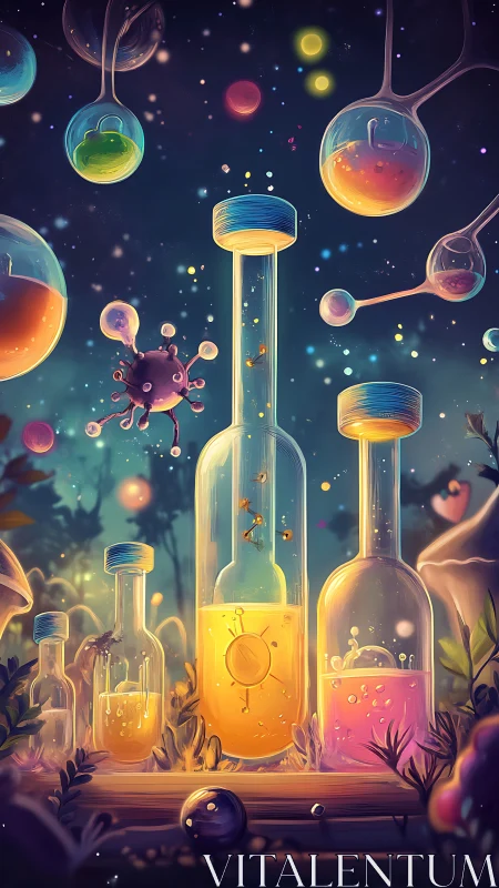 Laboratory glass vessels contain glowing liquids in night scene