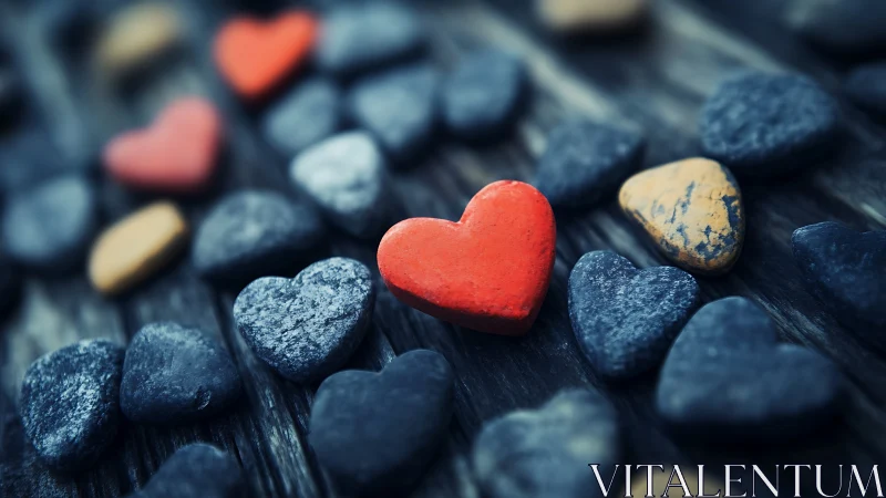 Red Heart Stands Out Among Dark Stones.